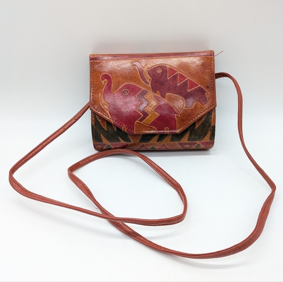 Vintage Handbags - Vintage Orange Red Safari Elephant Leather Crossbody Bag Purse